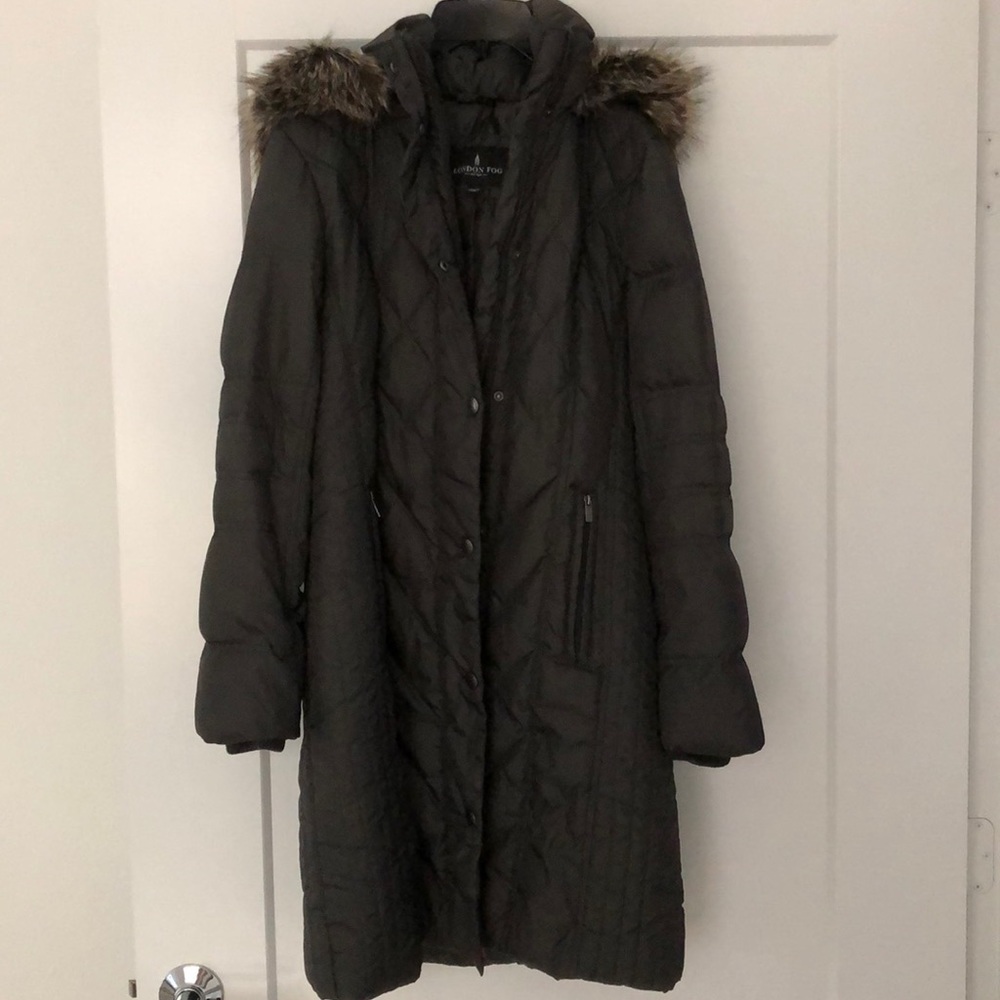 London fog petite faux fur trim hooded puffer coat